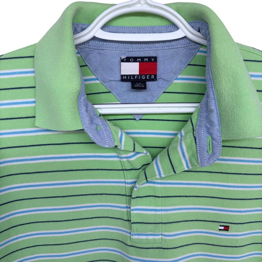 Vintage 90s Tommy Hilfiger Striped Polo Shirt Large Men's Green Blue Preppy‎ Vtg